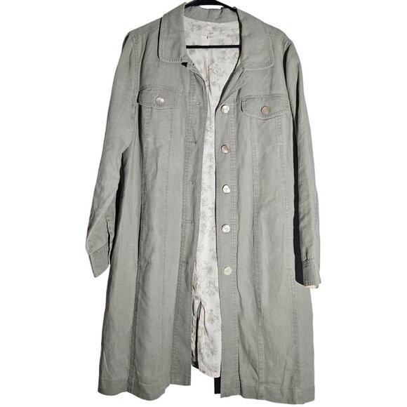 J. Jill Women’s Linen Trench Coat Gray Sage Sz M Quiet Luxury Boho Marketwear - Picture 2 of 15